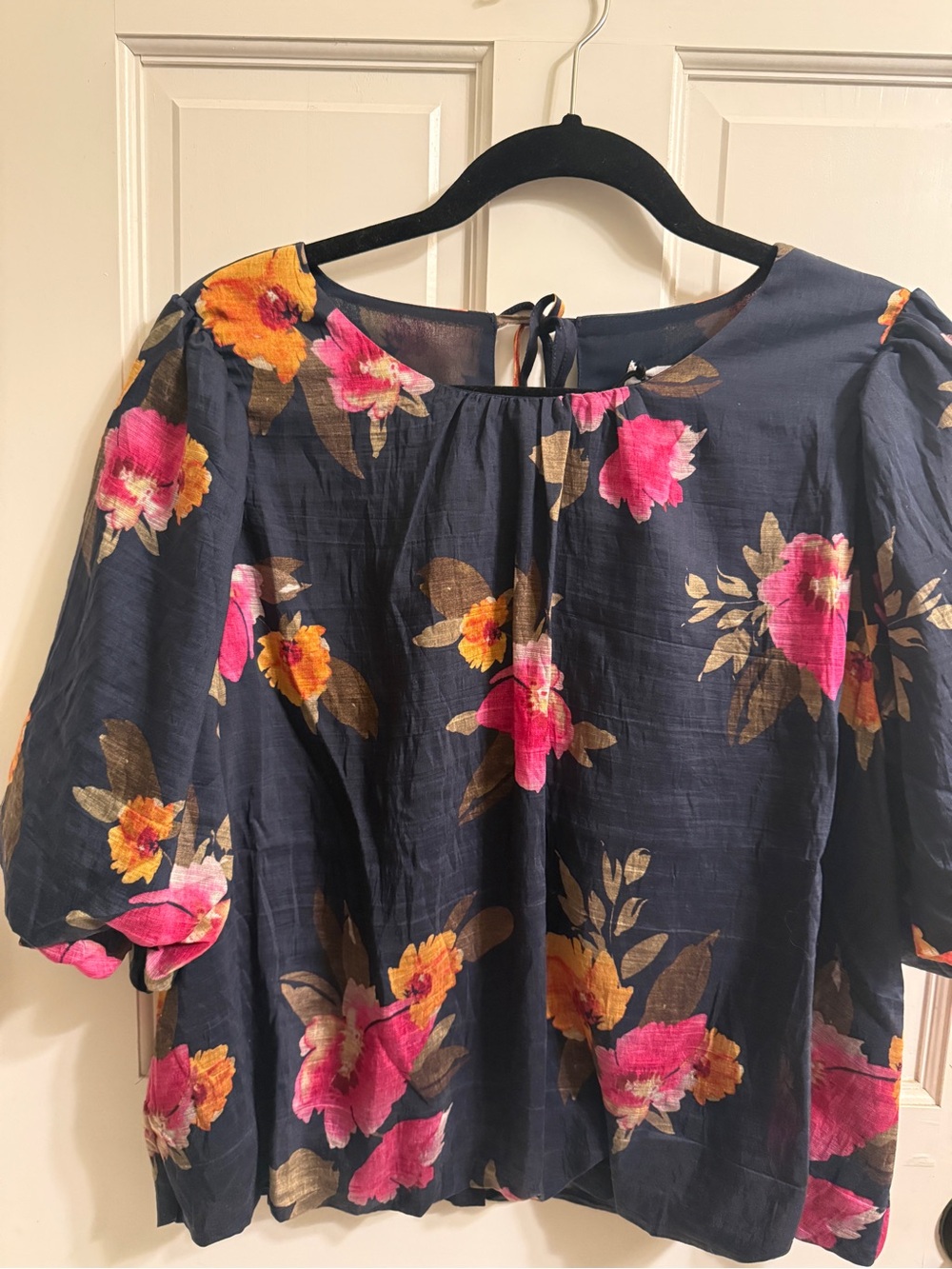 THML Women’s Navy Floral Puff-Sleeve Blouse - Pink & Yellow Flowers